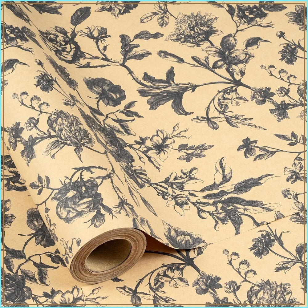 Flower Wrap Kraft - Vintage Kraft Floral Wrapping Paper Roll,